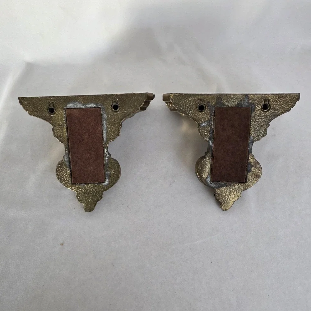 Pair of‎ Vintage Ornate Gilded Brass Wall Sconce Shelves MCM Hollywood Regency